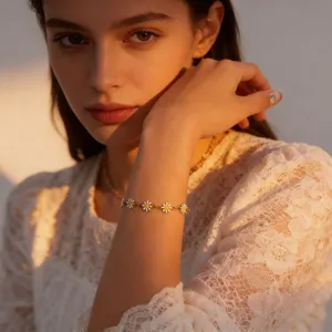 Chic stainless steel enamel daisy flower bracelet and necklace set for summer casual wear.