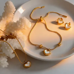 Fashion Stainless Steel Heart Pendant Necklace Elegance Artificial Pearl Chain Necklace Fine Earring Bracelet Jewelry Gift For Women