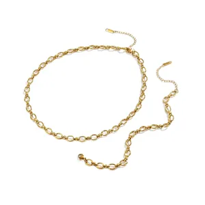 Chic 18k gold plated stainless steel chunky chain necklace bracelet jewelry set for women.