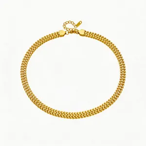 Close-up detail of the stylish gold titanium steel woven chain necklace, elegant and durable.