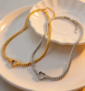Elegant hart hanger cubaanse ketting ketting set in goud en zilver voor vrouwen.