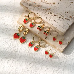 Cute Stainless Steel Strawberry Cherry Fruit Earrings For Women Girls Red Enamel Drip Oil personalized Hoop Earrings Jewelry Gift