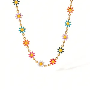 Colorful enamel daisy flower necklace gold-tone titanium steel sweet summer fashion jewelry.