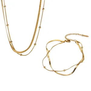 Set de collar y pulsera de acero de titanio con cuentas de doble capa elegante chic