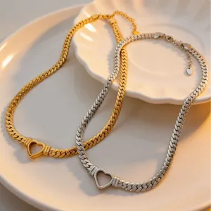 Goud zilver titanium staal hart holle platte slangenketting Cubaanse ketting set