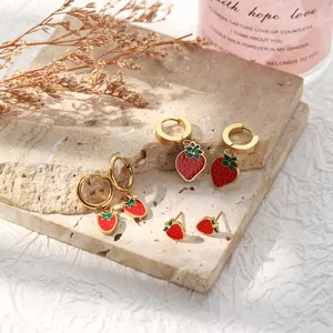 Stainless steel cute strawberry earrings set, fashion sweet fruit jewelry for women and girls.