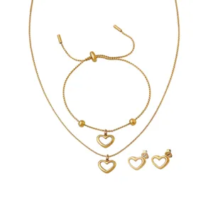 Gold stainless steel open heart necklace bracelet earrings jewelry set for women fashion