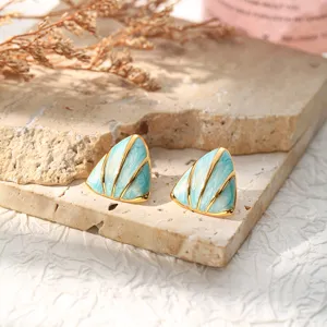 Geometric triangle titanium steel earrings with turquoise enamel and gold rim minimalist style.