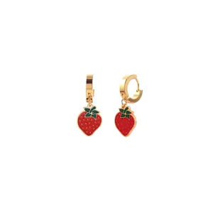 Detailed shot of cute enamel strawberry hoop earrings in gold, stainless steel fruit jewelry.