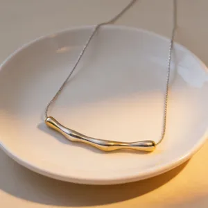 Detailed view of a stylish irregular curved metal arc tube necklace placed in a white plate.