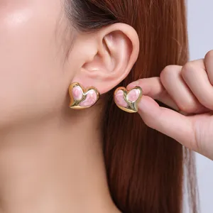 French sweet style pink heart-shaped titanium steel gold-plated earrings for women.
