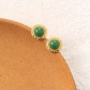 Elegant stainless steel gold-plated green stone stud earrings for women vintage luxury style.