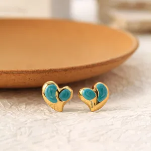Gold-plated titanium steel heart stud earrings with blue enamel, sweet fashion jewelry.