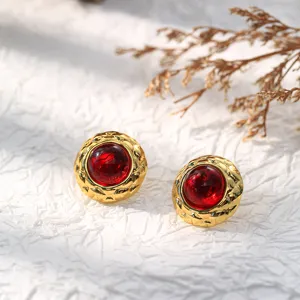 Exquisite 18K gold plated stainless steel stud earrings featuring a bold red center stone.