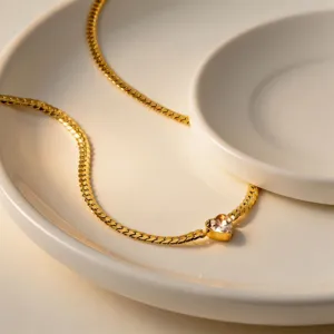 Exquisite titanium steel gold-plated heart cubic zirconia necklace, elegant clavicle chain for women.