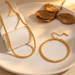 Gold twisted rope chain necklace bracelet set, stainless steel 18k electroplated jewelry for women.