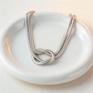 Collana con catena annodata in acciaio inossidabile, gioiello geometrico in metallo argentato.