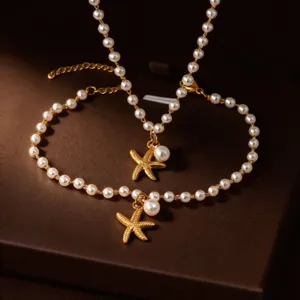 Close-up detail of the elegant pearl starfish necklace and bracelet set, beach style.