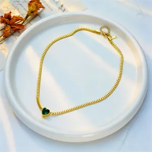 Gold titanium steel green heart zircon necklace, elegant minimalist clavicle chain jewelry.