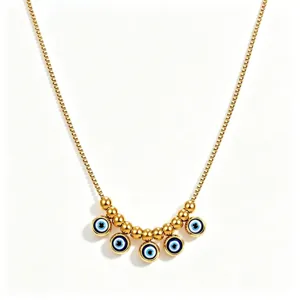 Stainless steel gold-tone evil eye charm necklace minimalist multi-bead pendant jewelry