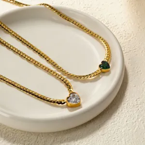Gold titanium steel necklace with green and white heart zircon pendants for women chic.