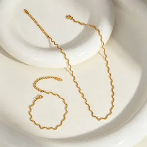 Gold plated stainless steel wavy chain necklace and bracelet set fashion jewelry accessories