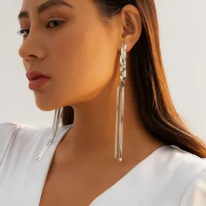 Close-up detail shot of minimalist stainless steel long snake chain tassel earrings for women.