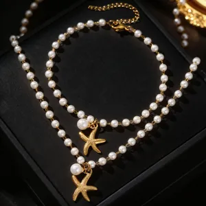 Pearl starfish necklace bracelet set elegant beach vacation jewelry gift for women and girls.