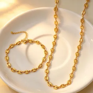 Detailed view of the stainless steel coffee bean chain necklace and bracelet set