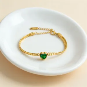 Gold stainless steel green heart bracelet zircon minimalist elegant fashion jewelry women