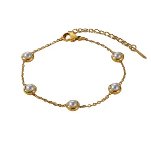 Elegant gold-plated titanium steel pearl bracelet with extension chain for women and girls.
