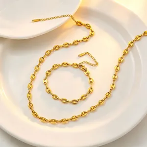 Gold titanium steel coffee bean chain necklace bracelet set minimalist elegant jewelry for women