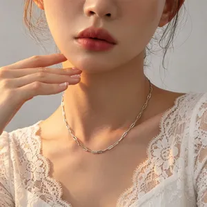 Close-up of minimalist silver chain choker necklace, elegant jewelry detail view.