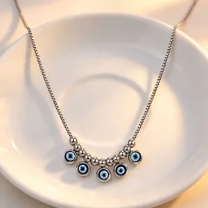 Silver stainless steel evil eye pendant necklace with metal beads for women daily wear