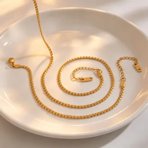 Elegant gold box chain necklace and bracelet set, 18k plated titanium steel fashion jewelry.