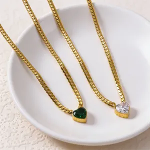 Gold titanium steel heart zircon necklace detail view, elegant clavicle chain jewelry.