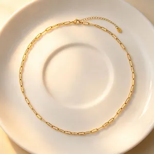 Close-up view of a delicate gold chain choker necklace with unique textured links and extender.