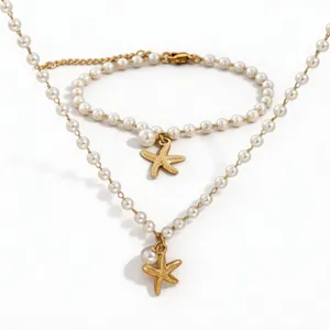Pearl Starfish Necklace Bracelet Set Beach Vacation Jewelry Accessory for Women Daily Wear