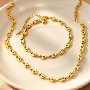 Elegant gold titanium steel coffee bean chain necklace bracelet set for women fashion daily wear