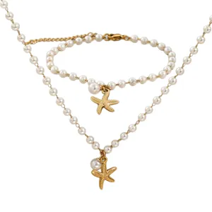 Elegant pearl and starfish necklace bracelet set, ideal for beach vacation and daily wear.