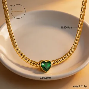 Exquisite gold-plated titanium steel necklace featuring a green heart cubic zirconia pendant.