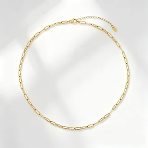 Gold-plated textured paperclip chain necklace detail, minimalist steel short choker jewelry.