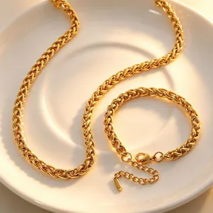 18K gold plated stainless steel necklace and bracelet set, trendy wheat chain jewelry for women.