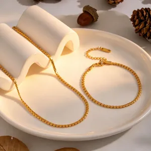 Gold stainless steel box chain necklace and bracelet jewelry set for women fashion