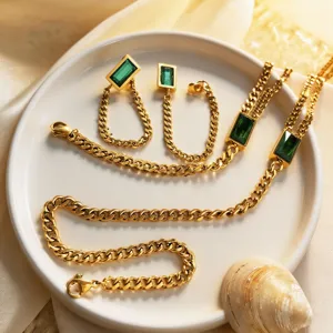 Exquisite 18k gold plated titanium steel emerald green gemstone necklace bracelet jewelry set