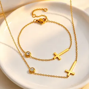 Minimalist Gold Titanium Steel Cross Necklace Bracelet Set for Women Elegant Jewelry
