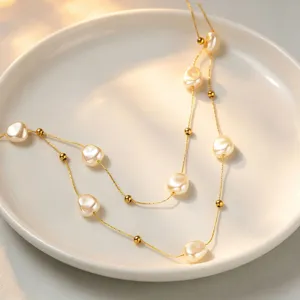 Baroque double-layer pearl necklace, niche design luxury titanium steel clavicle chain.