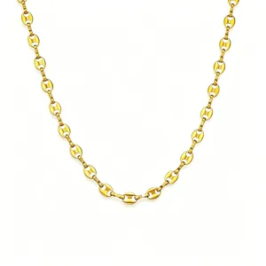 Close-up detail of the gold titanium steel coffee bean chain necklace, showing fine polished links.