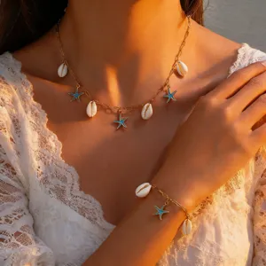 Stainless Steel Starfish Shell Pendant Necklace Enamel Beach Holiday Choker Ch链 Chain Bracelet Earrings For Women Summer Jewelry Gift