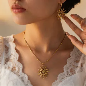 Gold spiral sun pendant necklace earrings set fashion aesthetic jewelry for women chic charm gift